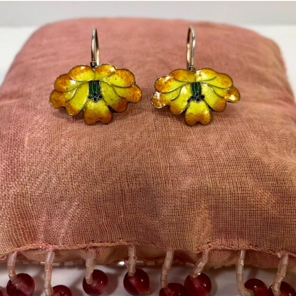 Shashi Jewelry - Vintage 1970s Shashi Orchid Cloisonné Enamel Earrings Gold Vermeil Sterling